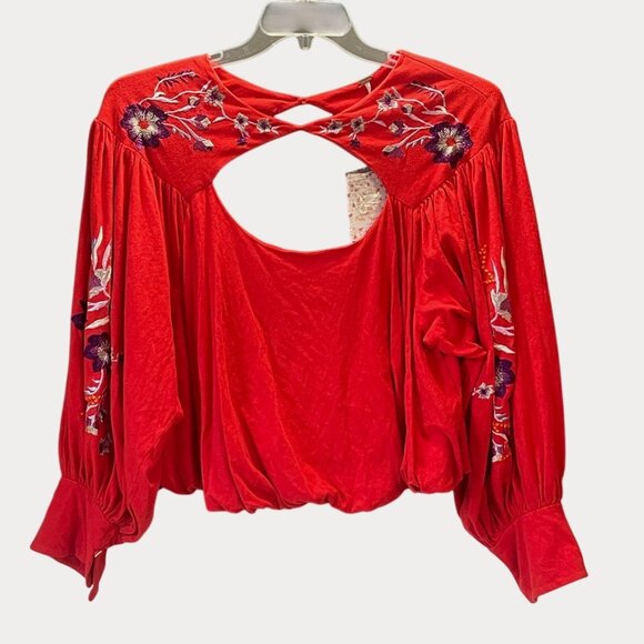Free People Red Lita Embroidered Open Back Blouse Top Size Small NWT $128 - Picture 3 of 5